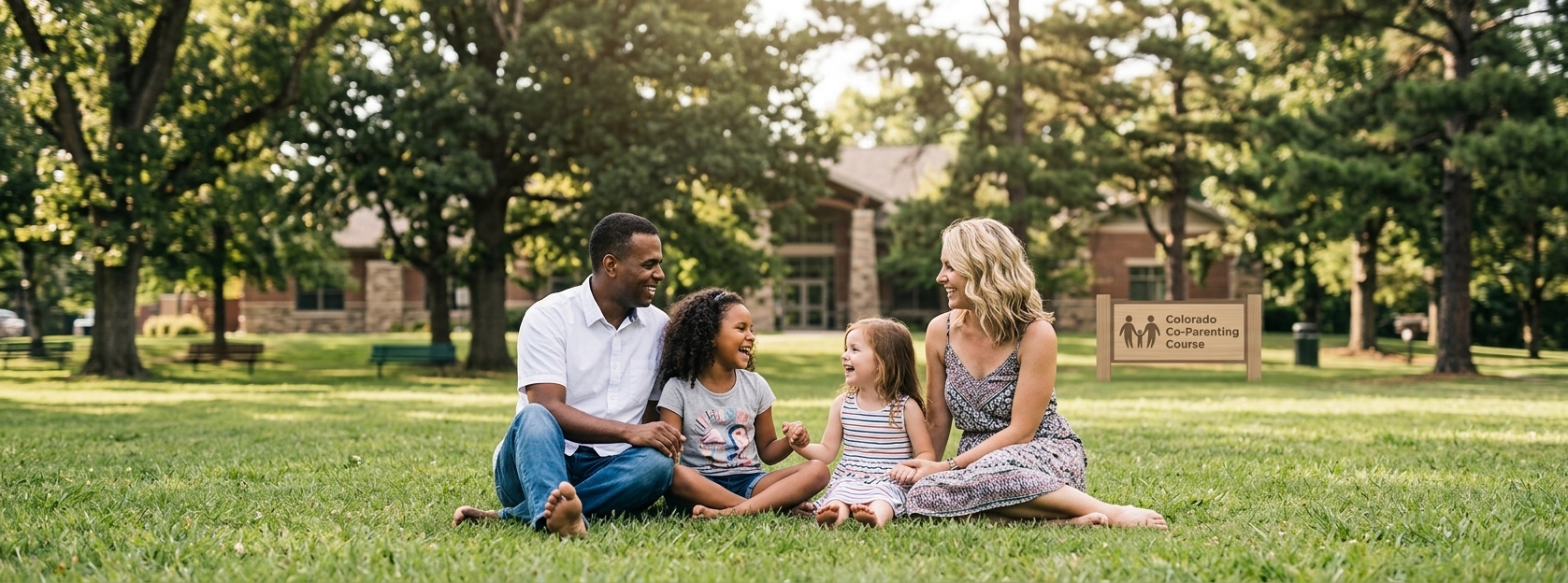 Happy family sitting together on the grass